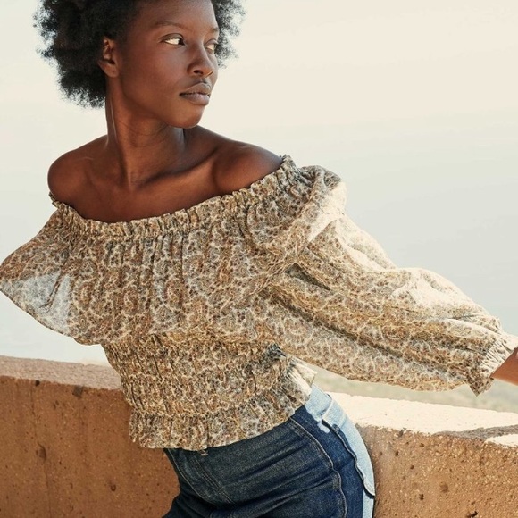 NWT Doen Luce Cotton Ruffle Off Shoulder Crop Blouse Top Cream Tisbury Paisley - Picture 3 of 13